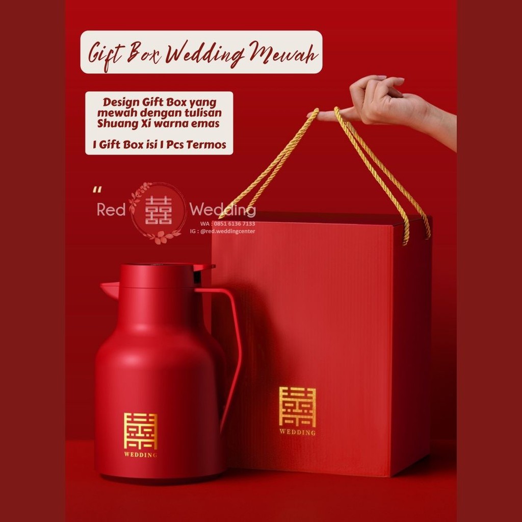 Termos LED Suhu Teko Air Panas / Dingin Warna Merah Shuang Xi Wedding Sangjit Kapasitas Besar 1.5 Li