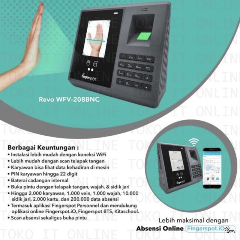 FINGERSPOT REVO WFV-208BNC MESIN ABSENSI TELAPAK TANGAN, WAJAH, SIDIK JARI INTERFACE WIFI LAN USB FLASHDISK