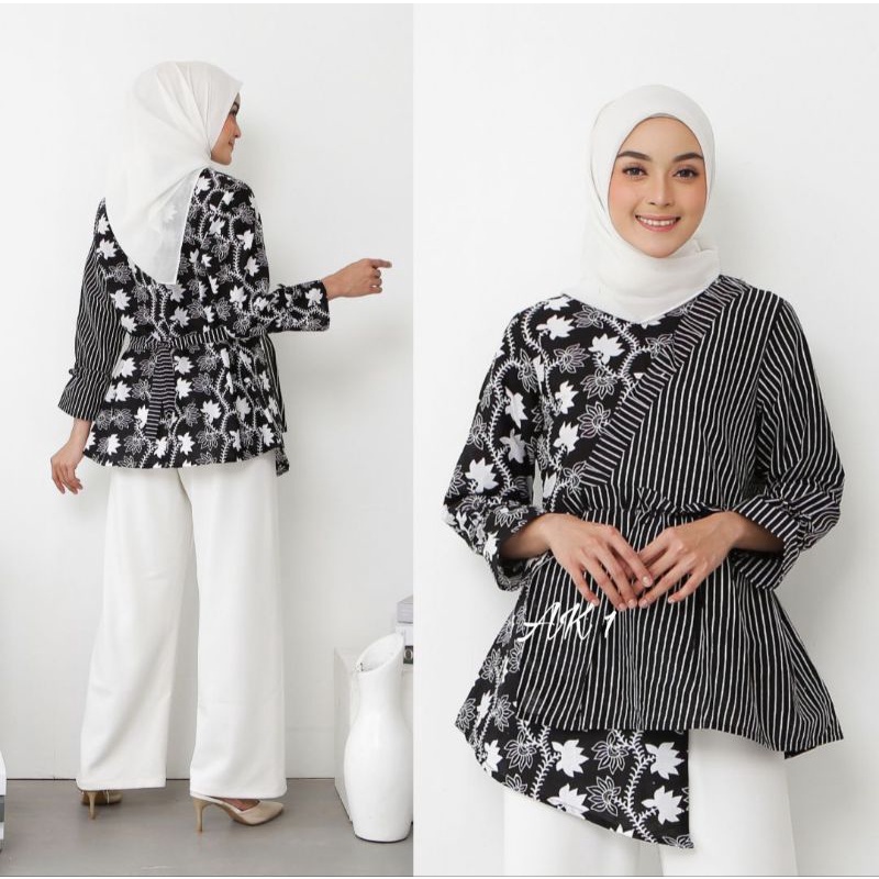 tey-17 Batik wanita ASJ SA HRB026 Kenongo Kemeja Tosca Pendek-Ak salur hitam