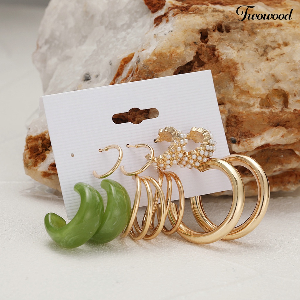 5 Pasang Anting Hoop Bentuk Bulat Aksen Mutiara Imitasi Bahan Metal Gaya Bohemian