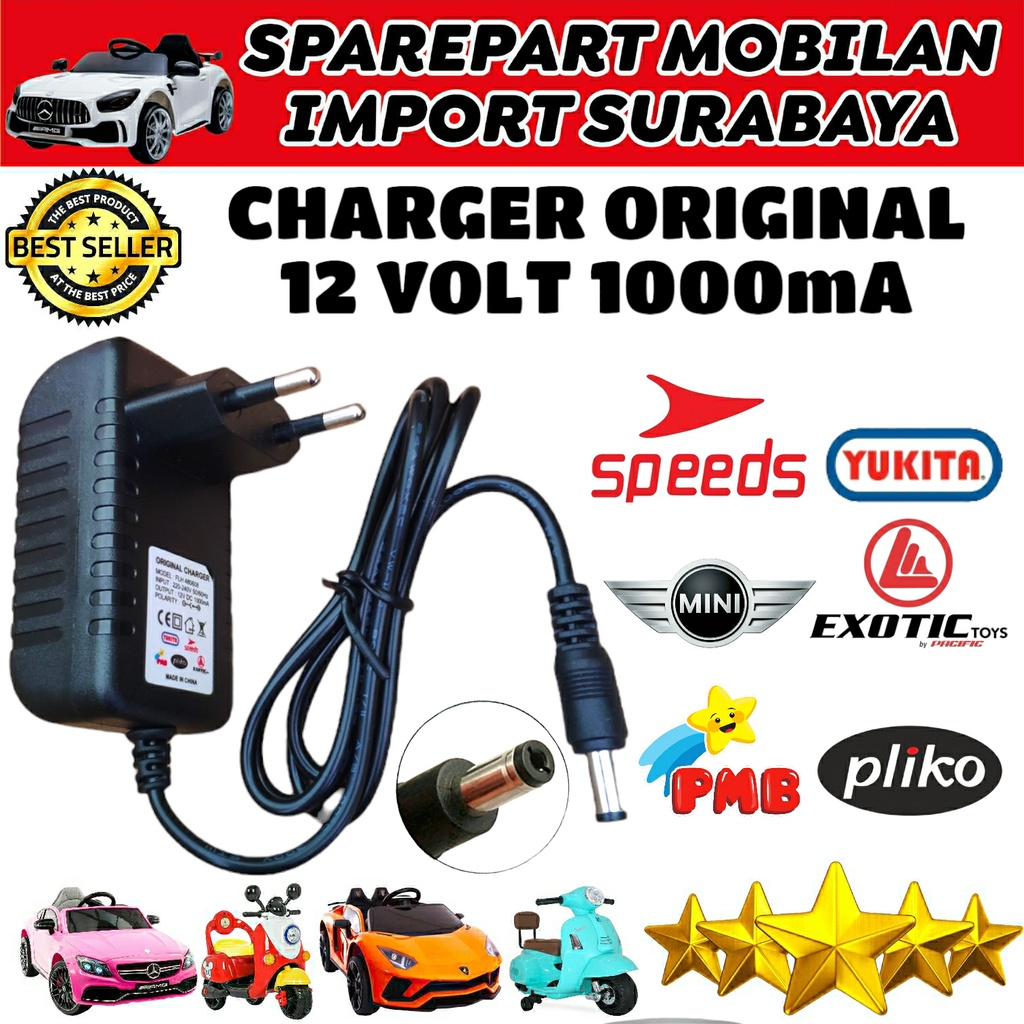 CHARGER ORIGINAL MOBIL AKI MAINAN ANAK 12 VOLT 1000mA PLIKO PMB UNIKID YUKITA PASIFIC AUTO WHEELER ADAPTOR DOES TOYS RIDE ON CAR 12V 1A