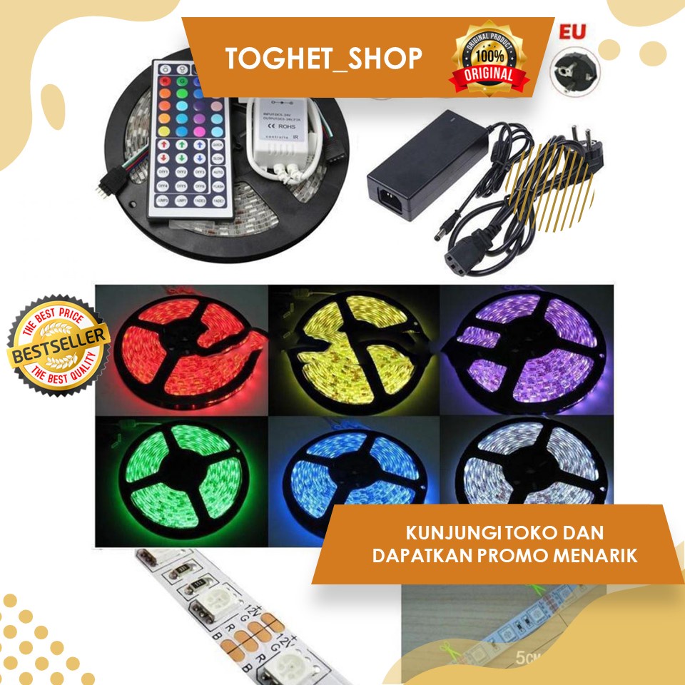 Lampu LED Strip Fleksibel Waterproof Tahan Air 5050 LED RGB Panjang Kabel 5M Dengan Remote Control