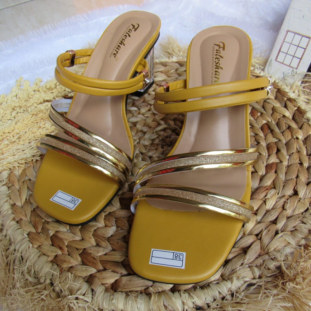 Sandal wanita hak kaca slop tali fashionable