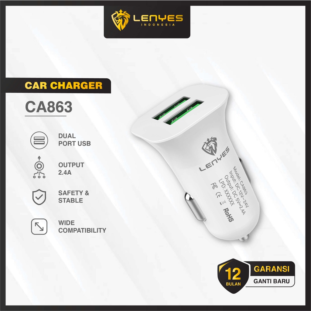 LENYES CA863 2.4a 2 USB Car Charger HP adaptor Mobil casan handphone original