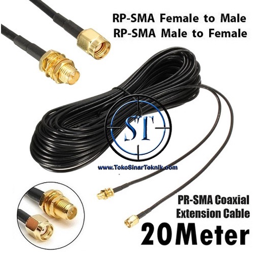 Kabel Extension Pigtail RP-SMA 20 Meter Male to Female Perpanjangan Coaxial RF Cord Connector RPSMA Cable Antenna Wi-Fi Wireless Router Panjang 20meter