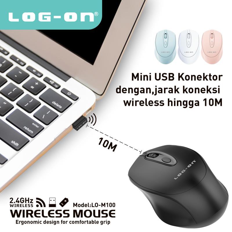 LOG ON MOUSE WIRELESS LO-M100 2.4Ghz Optical 1600DPI MOUSE LAPTOP/PC Sensitif &amp; Responsif