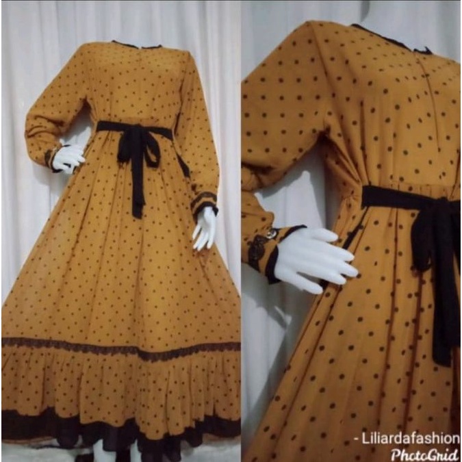 Gamis Ceruty Babydoll Polkadot Renda Hitam