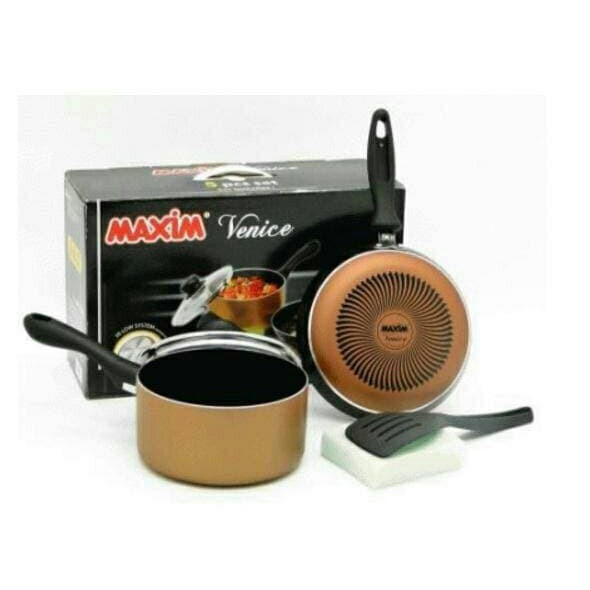 Maxim venice 5 set (panci 17cm + tutup kaca + wajan gagang satu (frypan) 20cm + spatula + sponge)