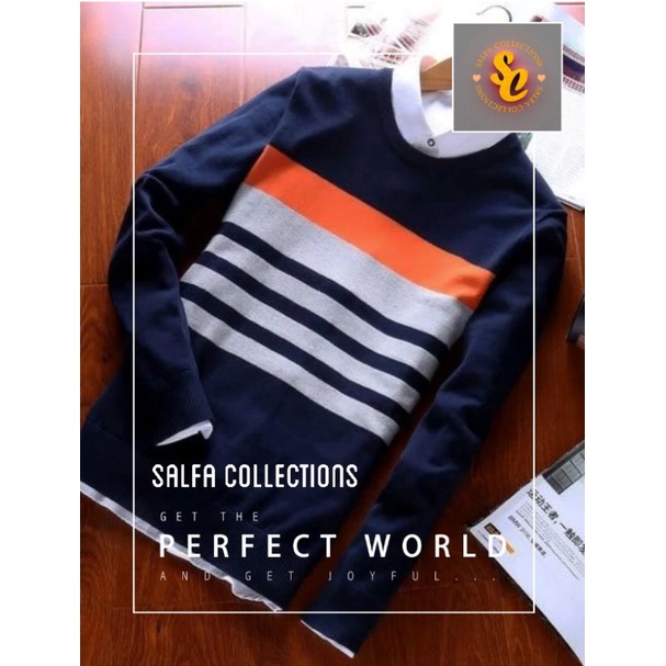 switer cewe &amp; cowo ,rajut navy garis oranye terkini salfa collections