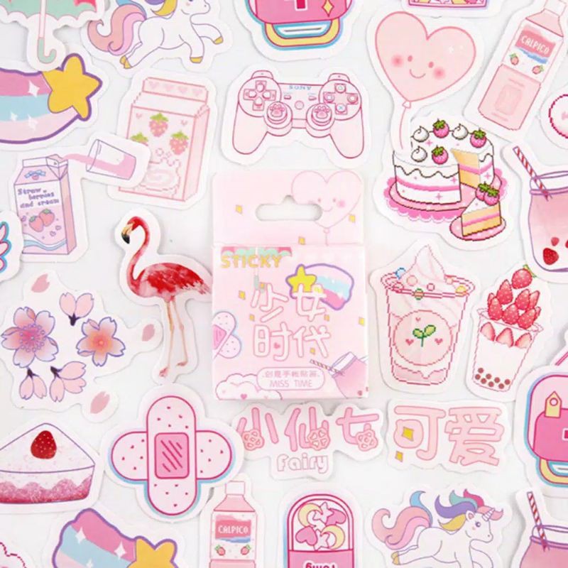 

46pcs/box stiker aesthetic Desain pink version Lucu Gaya Jepang Untuk Dekorasi Diary/Scrapbook