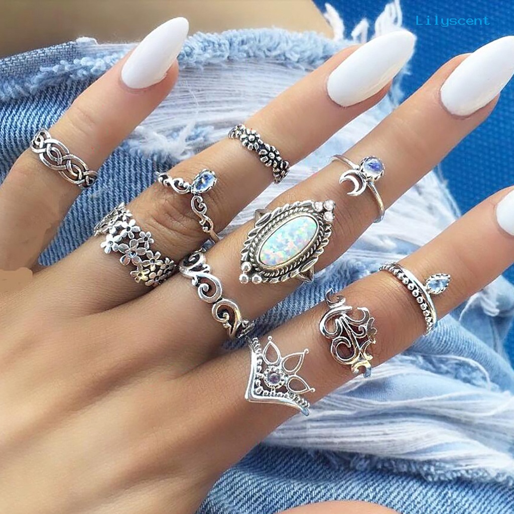 10pcs Cincin Knuckle Desain Bulan Hollow Out Stackable Gaya Bohemian Untuk Wanita