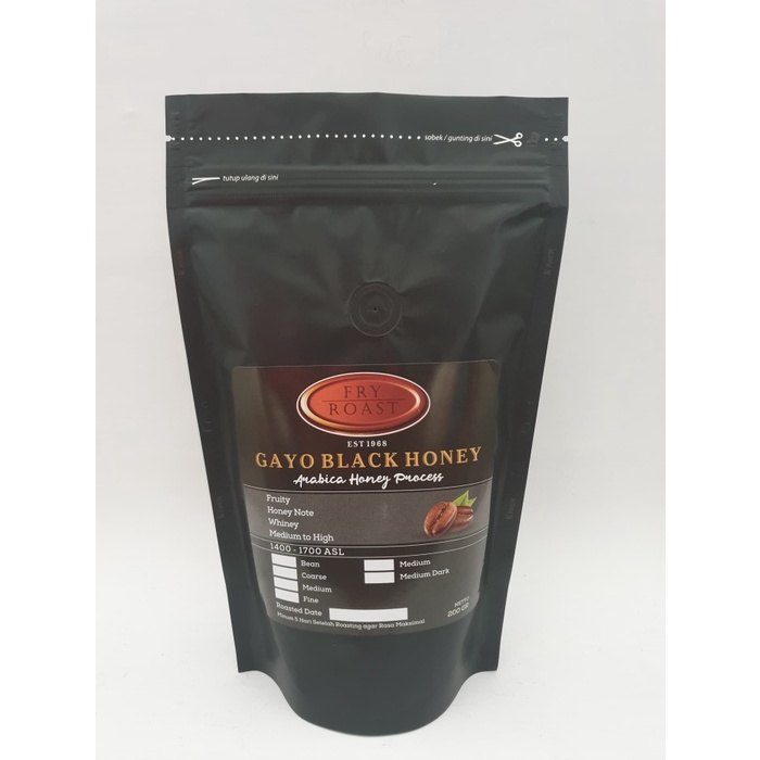 

DISKON - (BISA COD) KOPI ARABICA GAYO BLACK HONEY PROCESS 200 GR BIJI DAN BUBUK - BIJI, MEDIUM ROAST