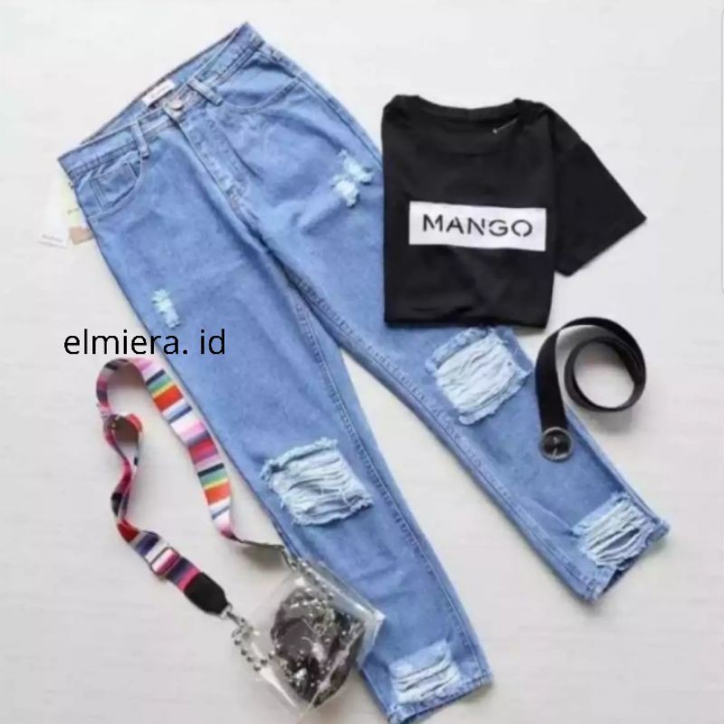 Celana Boyfriend Jeans Wanita -Baggy jeans Premium Celana Sobek Non Lapis Celana Sobek Sobek Rumbai