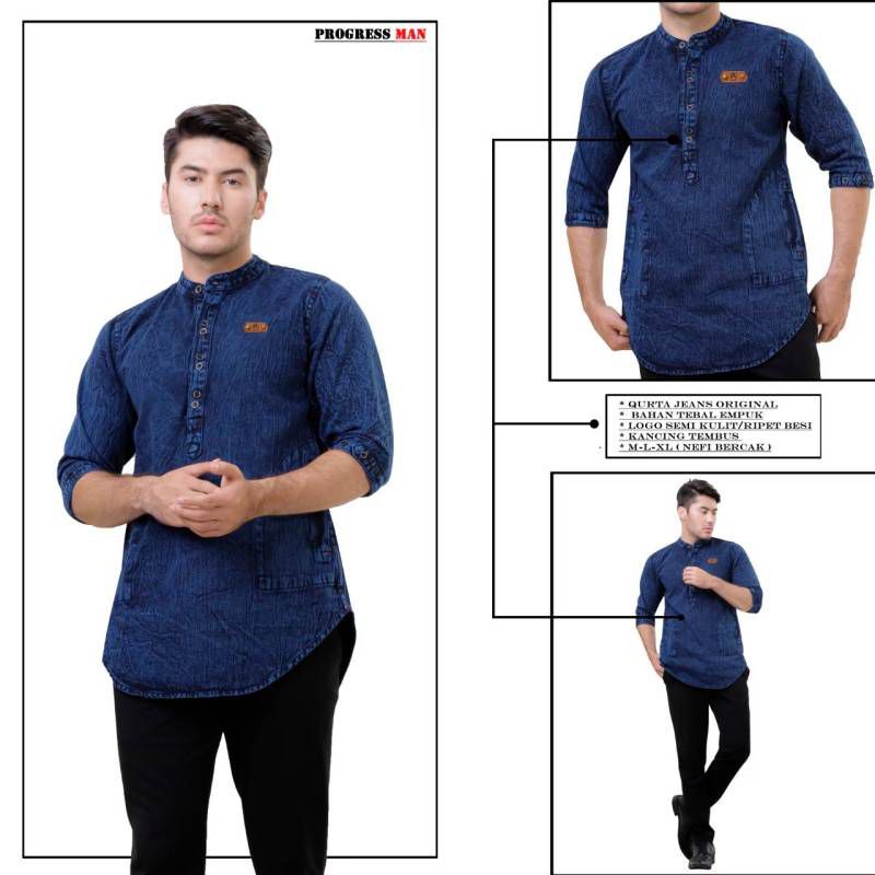 kurta denim koko pria slim atasan jeans denim ³/⁴ polos