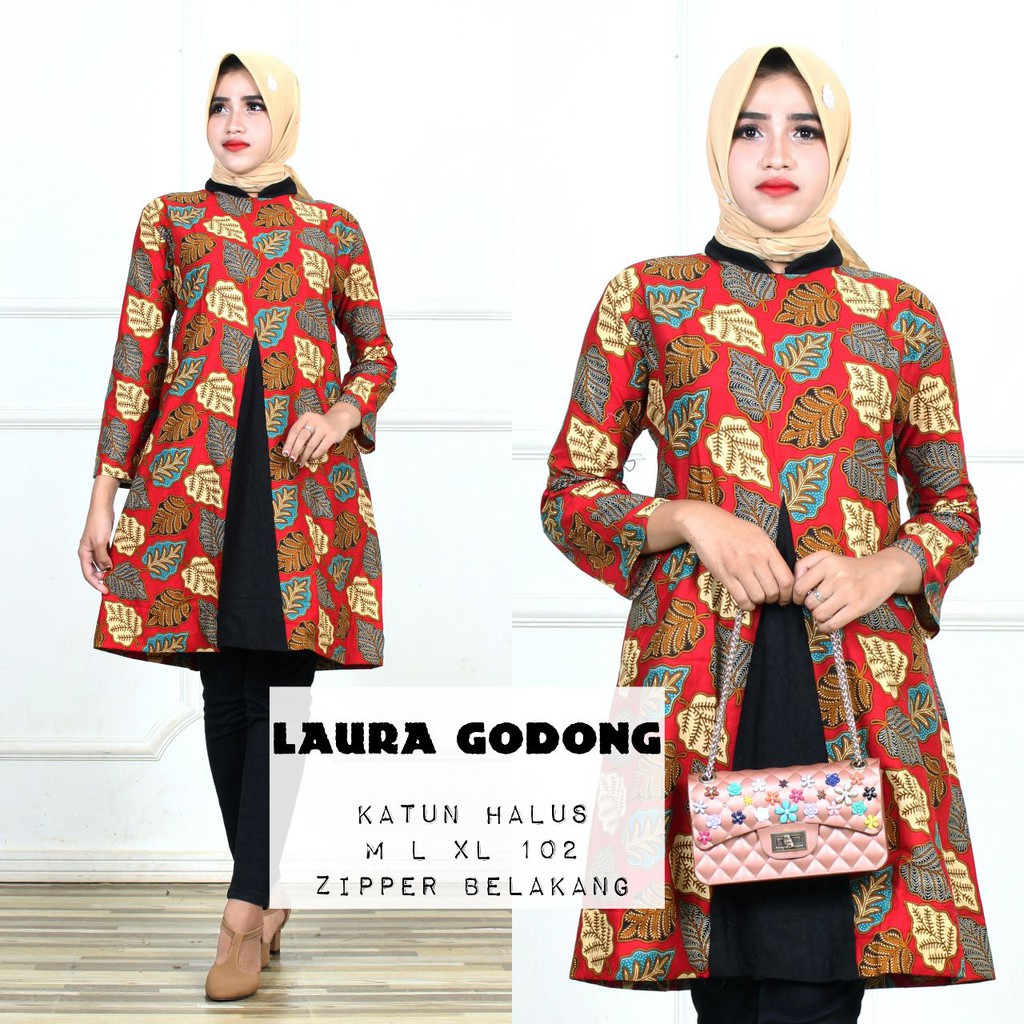 Tunik Laura Godong Seling Warna Aksen Belahan Depan Batik Muslim Kantor Midi