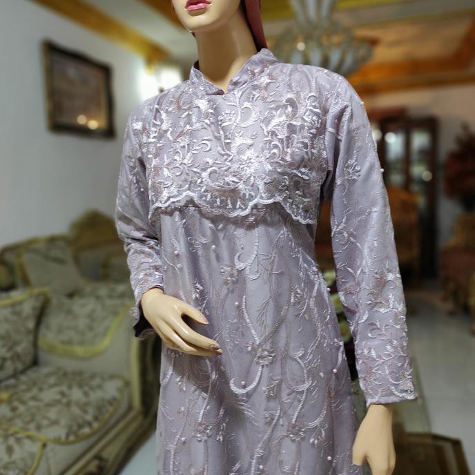 New Gamis Pesta Jumbo Ld 120 Mewah Full Brukat Tile Premium - Mauve Ungu Nude