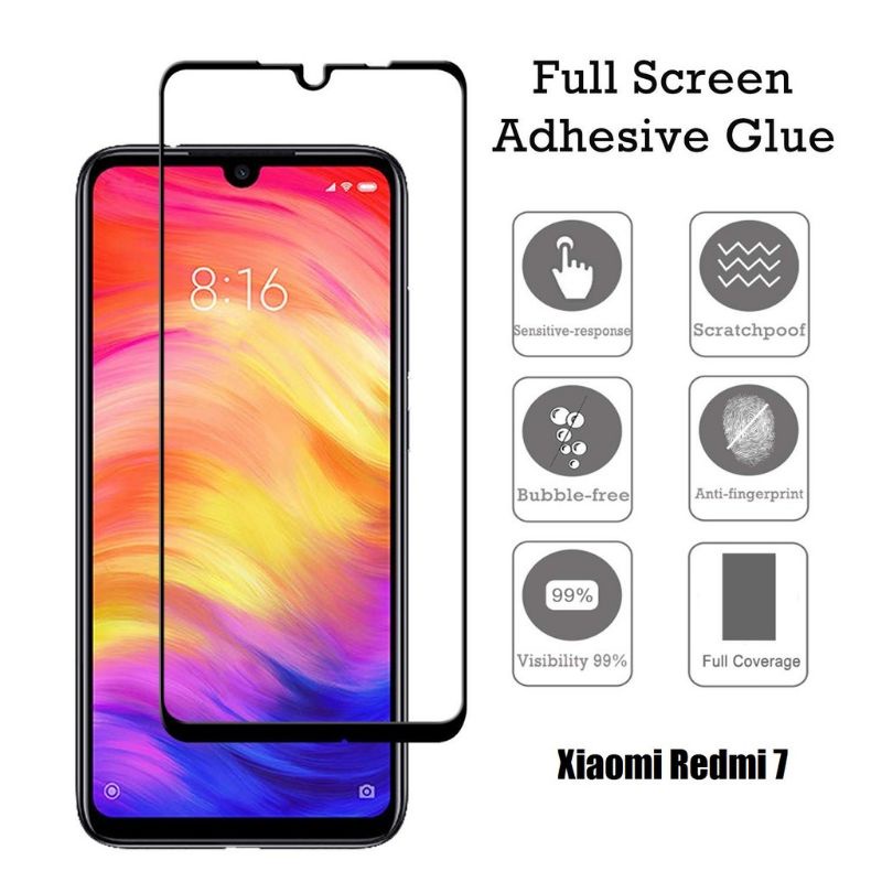 Tempered Glass Xiaomi Redmi 7 Full Cover Warna 5D / 6D / 9D  - Hitam