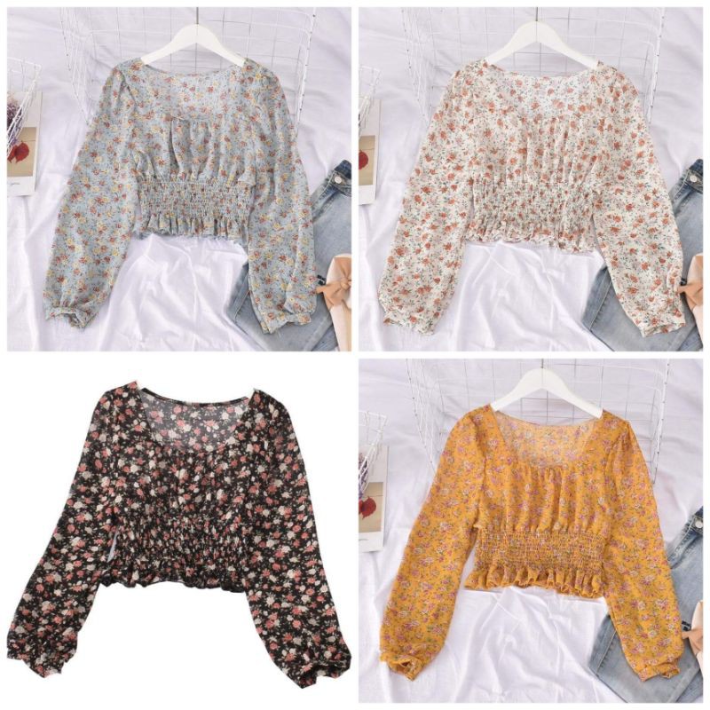 Ready croptop chiffon lengan panjang baju atasan wanita style korea fashion murah import bkk bangkok