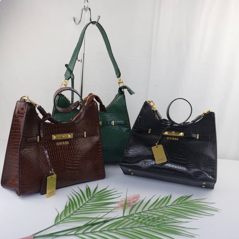 Tas Kulit Selempang Bahu Wanita Croco GS Leather Shoulder Bag Premium Import, Hitam Black Hijau Gree