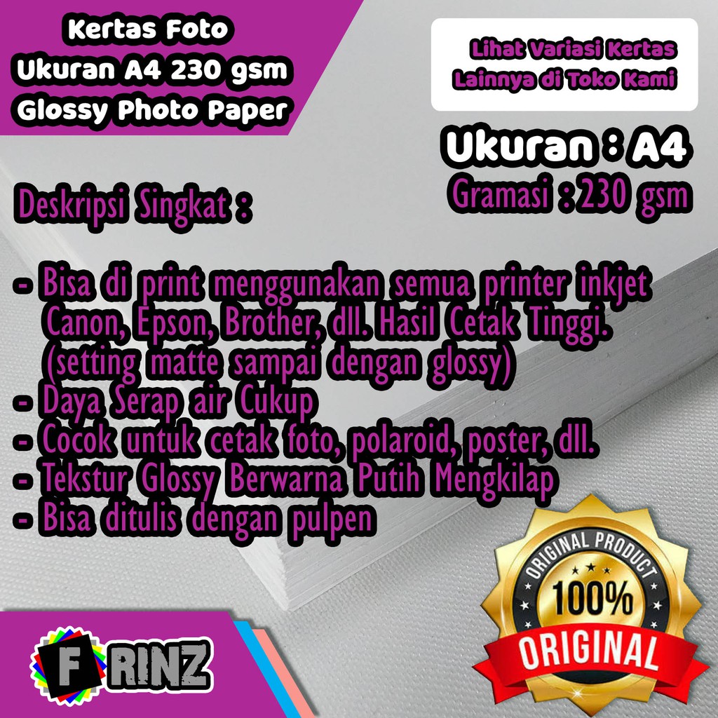 

Kertas Foto Inkjet Glosy 230 gram Ukuran A4 A5 A6 / Glossy Photo Paper Tebal 230 Gsm