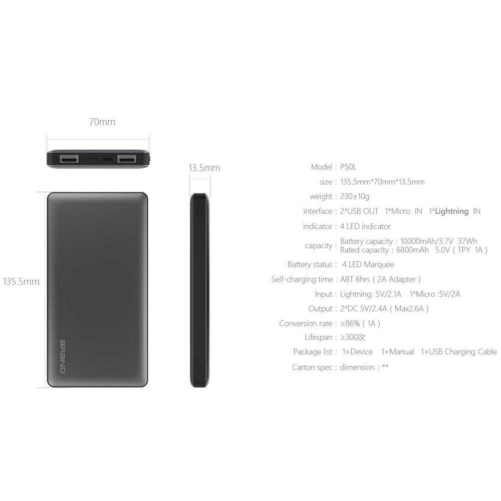 Hame P50L Lightning Power Bank 2 Port 10000mAh