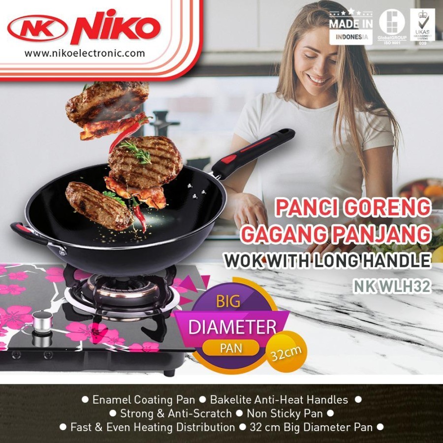 Niko Wajan Penggorengan Single Handle NK-WLH32 Wok Pan Goreng Enamel Gagang Panjang 32 Cm NK WLH32 / NKWLH32