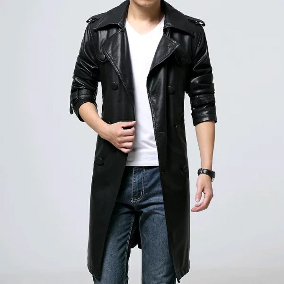 long coat pria terbaru lengan panjang semi kulit sintetis premium/jaket jubah pria best seller