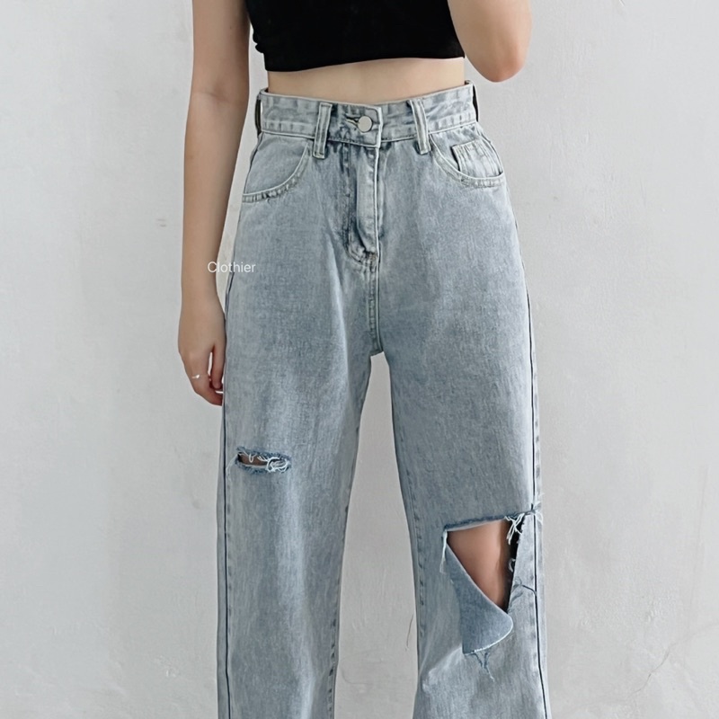 CLOTHIER - Jennie Ripped Baggy Jeans | Unisex Light Blue Baggy Straight Denim