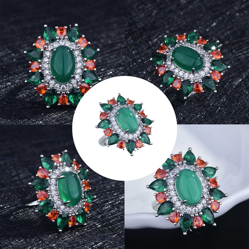 Fancyqube Cincin Batu Chalcedony Bentuk Oval Warna Hijau Gaya Vintage Untuk Wanita