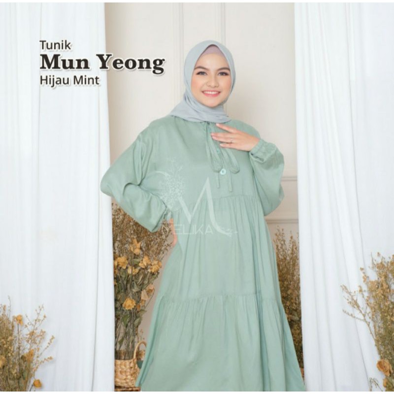 Tunik Dress Wanita Hijau Polos Cantik Rayon Korea Mun Yeong Ruffle Busui Friendly Jumbo Besar