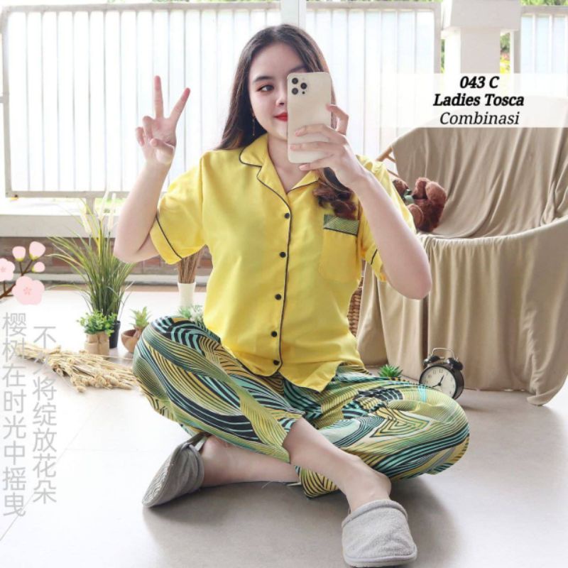 Baju Tidur Piyama Wanita Dewasa Piyama Baju Santai Motif Bunga-Ladies tosca yellow