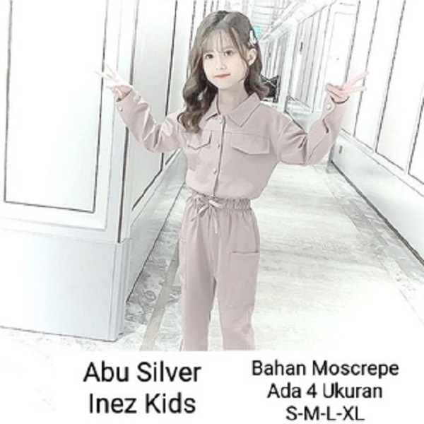 Stelan Kemeja Anak Perempuan import korea/Set Inez Kids 3-11 Tahun Lengan Panjang Celana Panjang/Matt Moscrepe