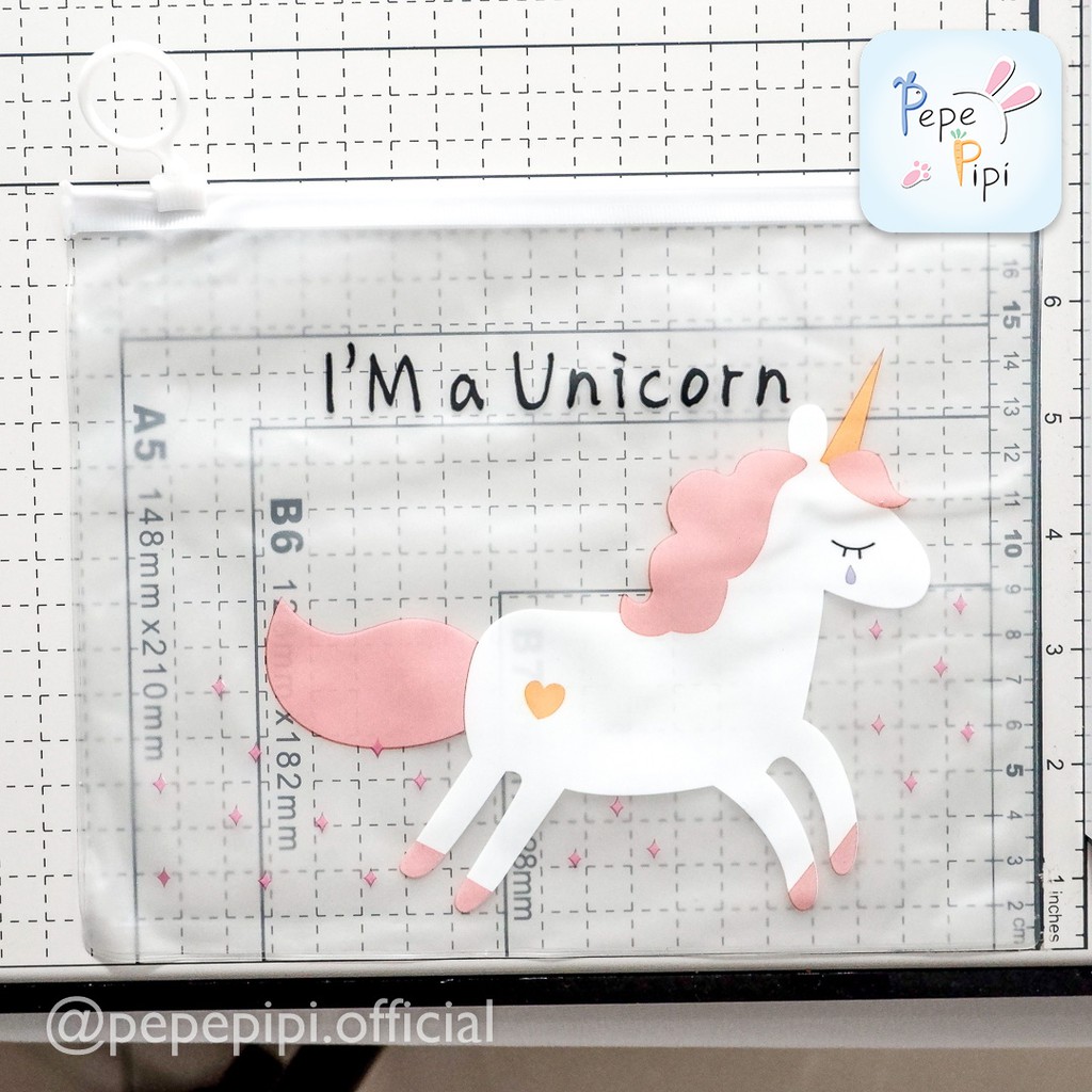 Map Plastik Unicorn ukuran kertas A5 dengan Zip Lock Bening Transparan