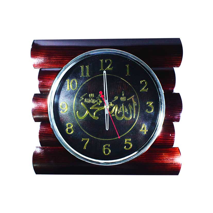 Jam Dinding Kaligrafi Muslim Motif Kayu Warna Coklat Silent Movement 40cm Free Baterai ES3108