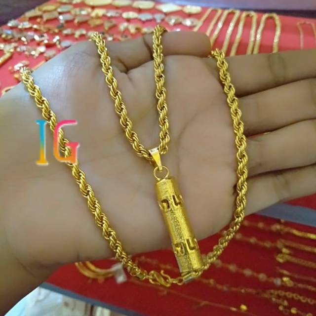 Kalung Tambang  liontin bambu besar lapis emas 24