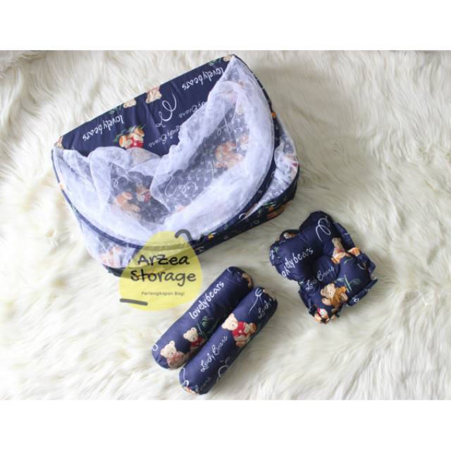 Kasur bayi kelambu set bantal guling lipat bears lovely navy