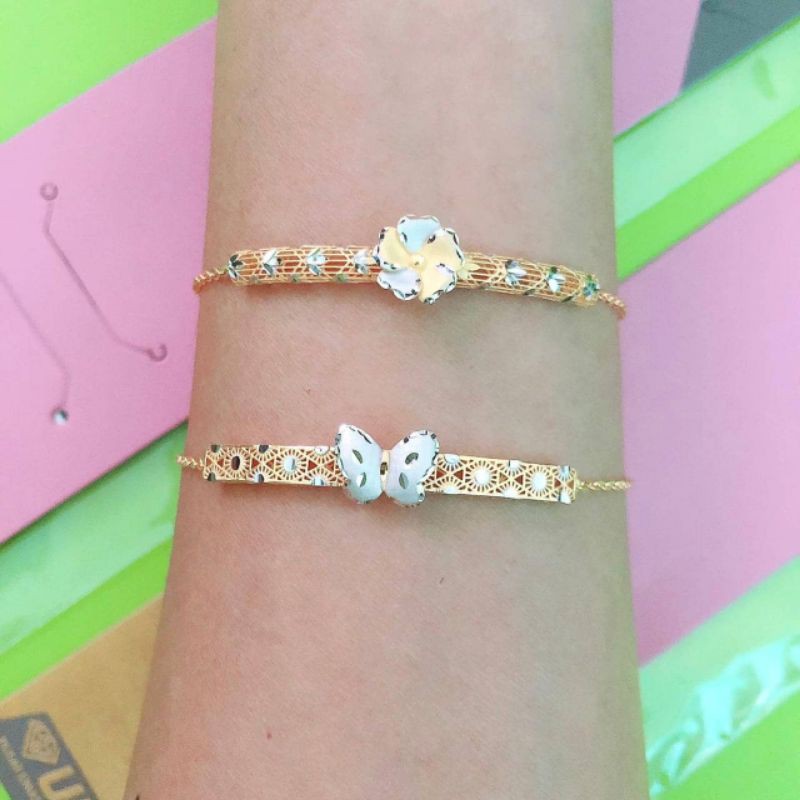 Gelang rantai serut pipa bunga, kupu, pita 2 warna UBS 8k dan 9k