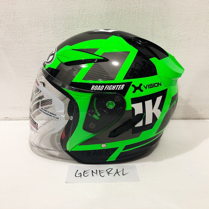 Excelent Helm NHK R1 Motif Neuro Green Fluorecent Silver Hijau Flo Double Visor