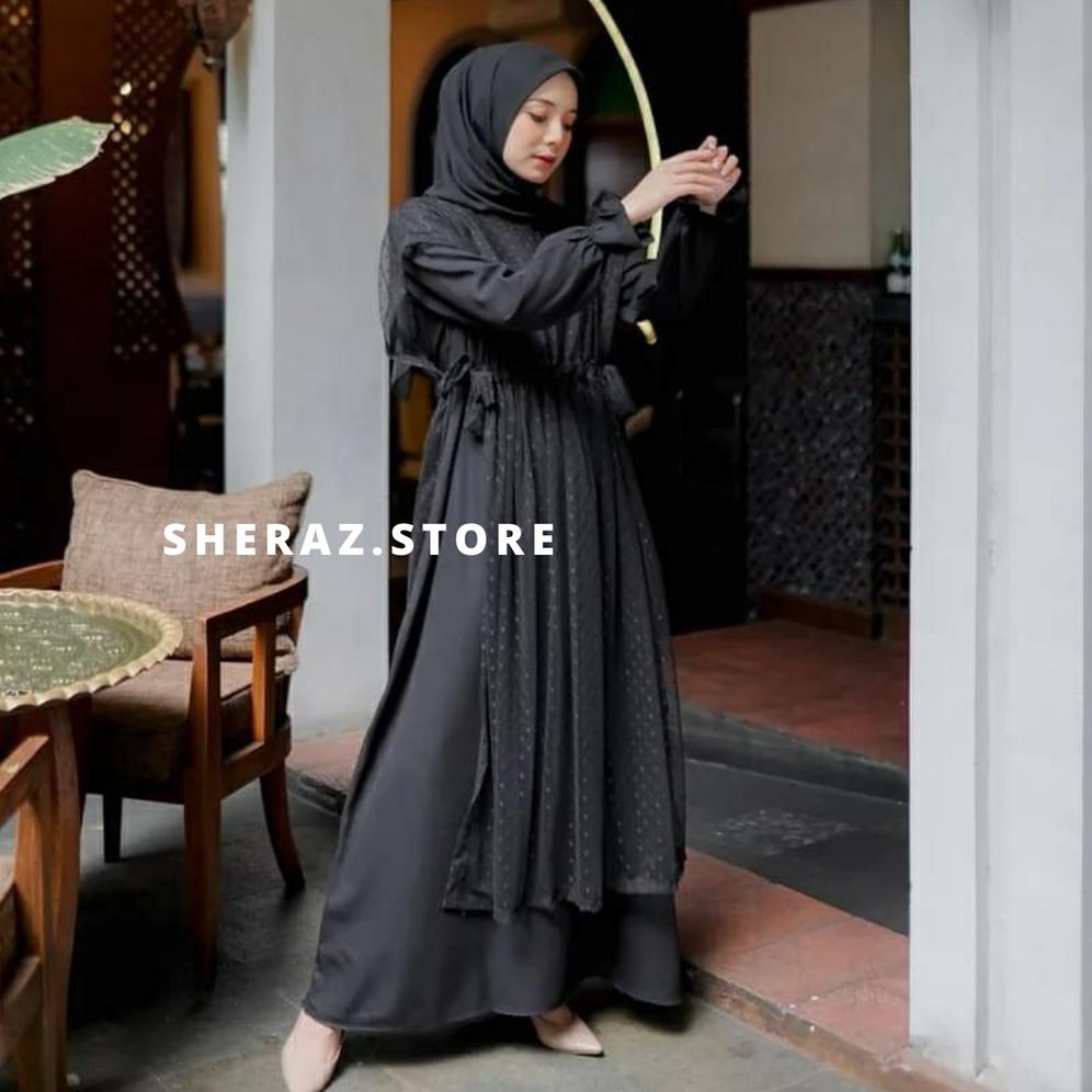 BA.8557 ▪ VIOLITA SET Gamis Dress Hitam Putih Tile Kondangan Wanita Remaja Jumbo Ld 120 130 140