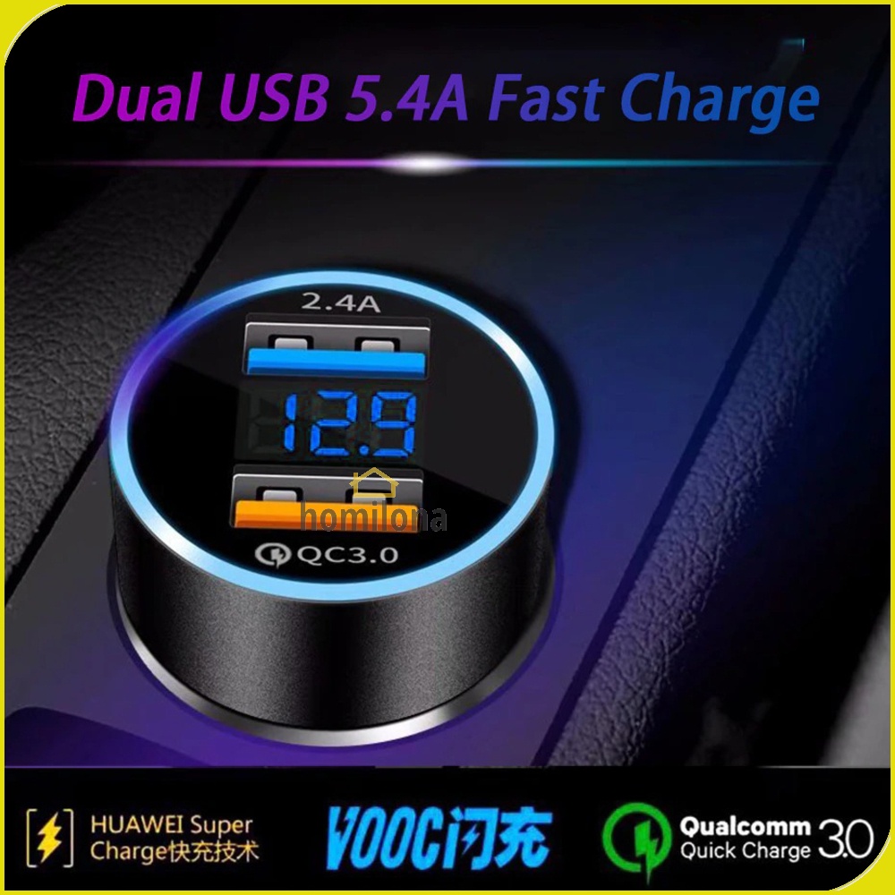 Car Charger Dual USB Port QC 3.0 2.4 A LCD Display - Leeioo LE001 - Black