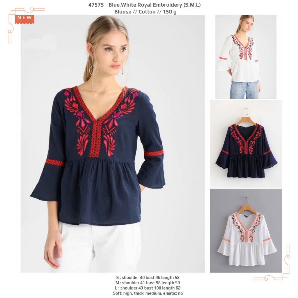 Atasan Blouse Blue,White Royal Embroidery (S,M,L)