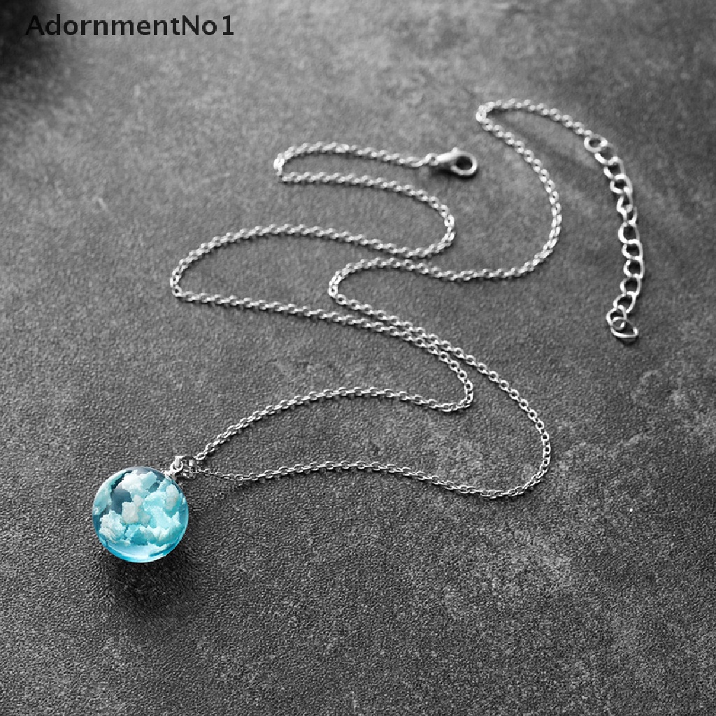 (AdornmentNo1) Kalung Rantai Dengan Liontin Bulan + Bola Resin Motif Langit Biru + Awan Putih Untuk Wanita