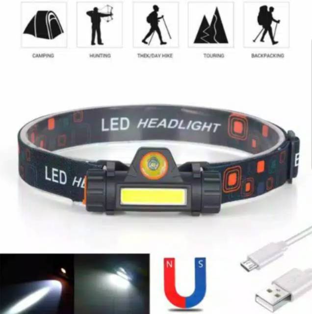 Senter Kepala Mini Head Lamp Led COB Rechargeable Plus Magnet