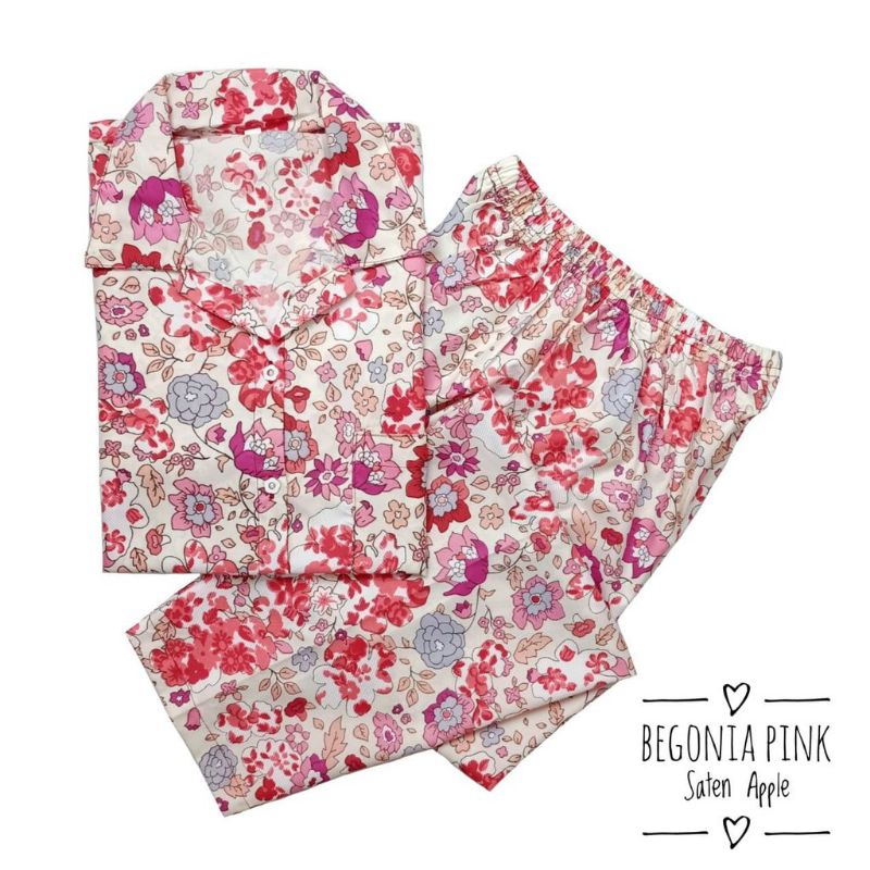 Piyama Wanita Baju Tidur Wanita Dewasa Baju Tidur Piyama Satin Apple-Begonia Pink
