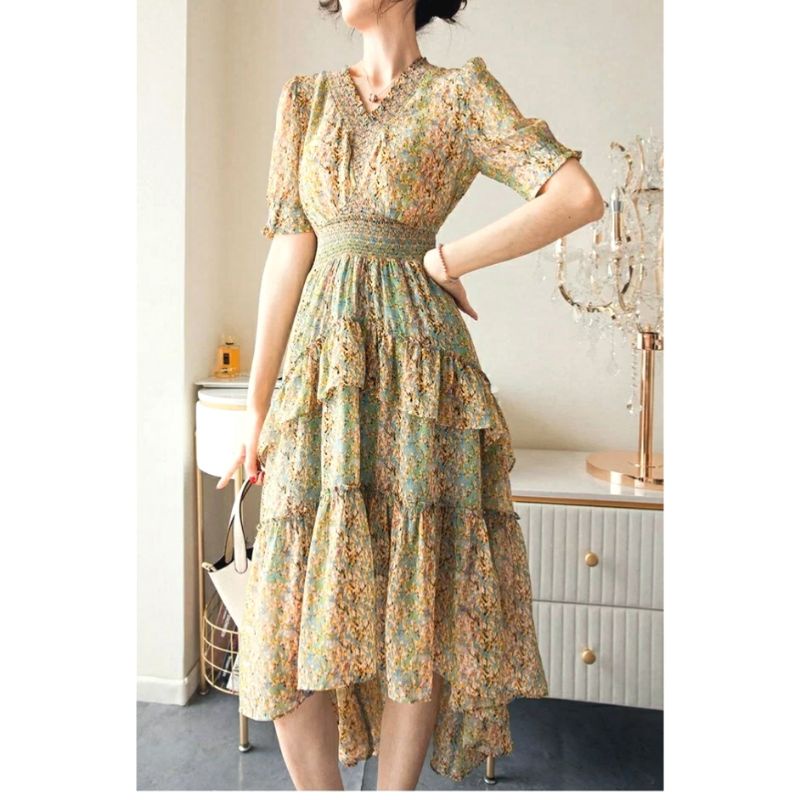 MDLV ~ 12344# Sydney Asymmetric Tiered Dress Long Dress Flower Layer Dress Korea Look Fashion import