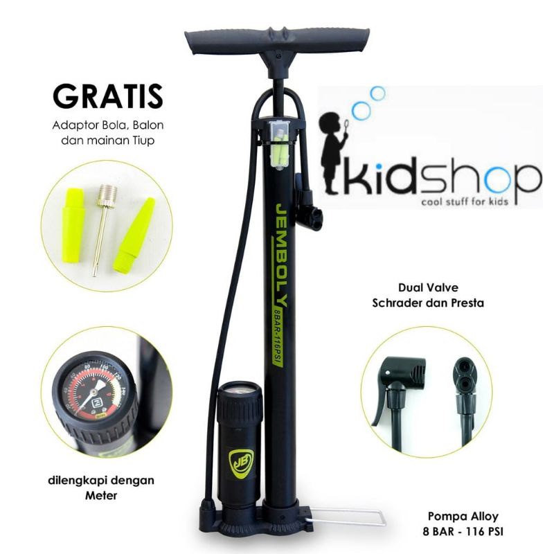 [KID] Pompa Angin Ban Sepeda dan Motor Pompa Lantai merk JEMBOLY Aluminium dengan Meter Tekanan Manu
