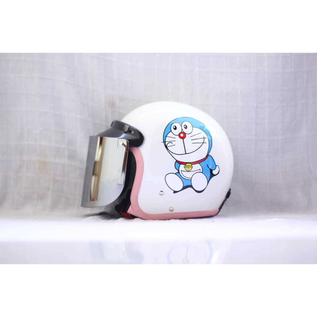 HELM BOGO CAMELIA PASTEL DORAEMON DEWASA KACA DATAR SILVER-white