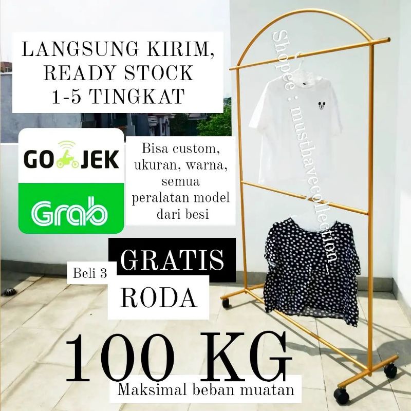 GAWANG BAJU OVAL 2 TINGKAT EMAS GOLD ATASAN CUSTOM 1,5 METER BONGKAR PASANG MINIMALIS BERRODA KNOW D