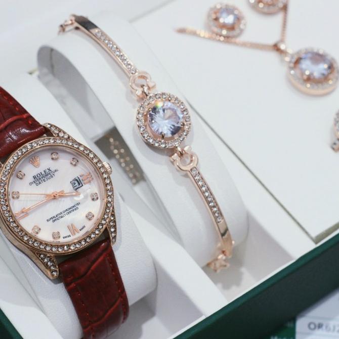 Jam Tangan Wanita Rolex premium kulit paket satu set free kalung