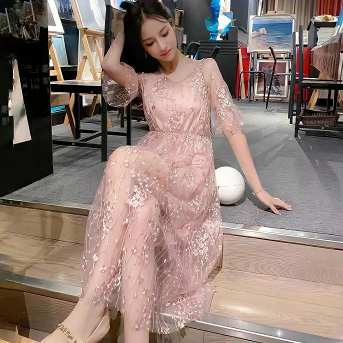 Fuyumi Lace Party Dress Import Dress Pesta Mewah Brokat Import Korea Star Seller Termurah